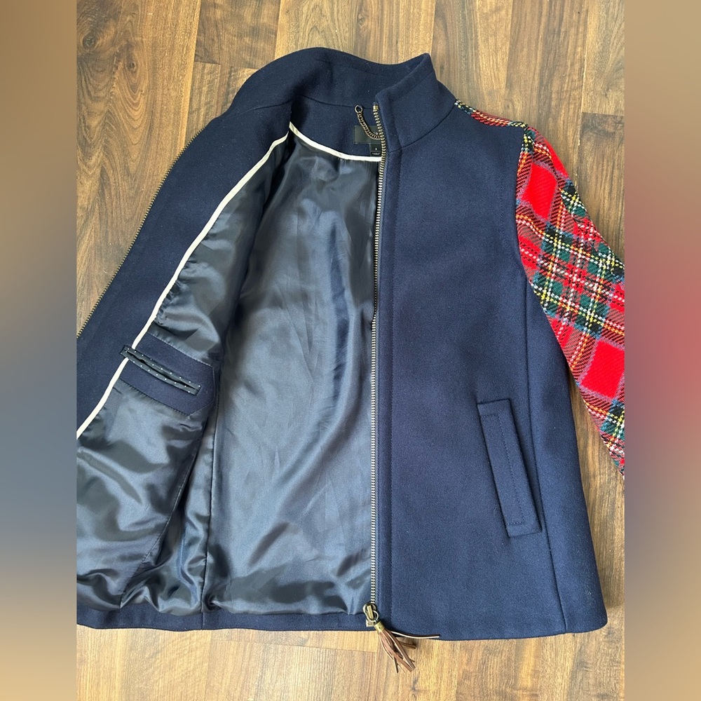J. Crew Colorblock Shetland Wool Navy Jacket w Red Plaid Arms - Picture 8 of 12